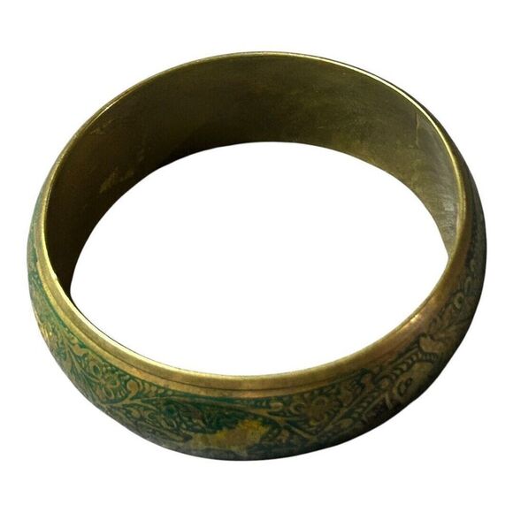 Vintage Brass Bangle Bracelet Etched Elephant  Tiger Green Enamel Made In India‎ - Picture 10 of 14